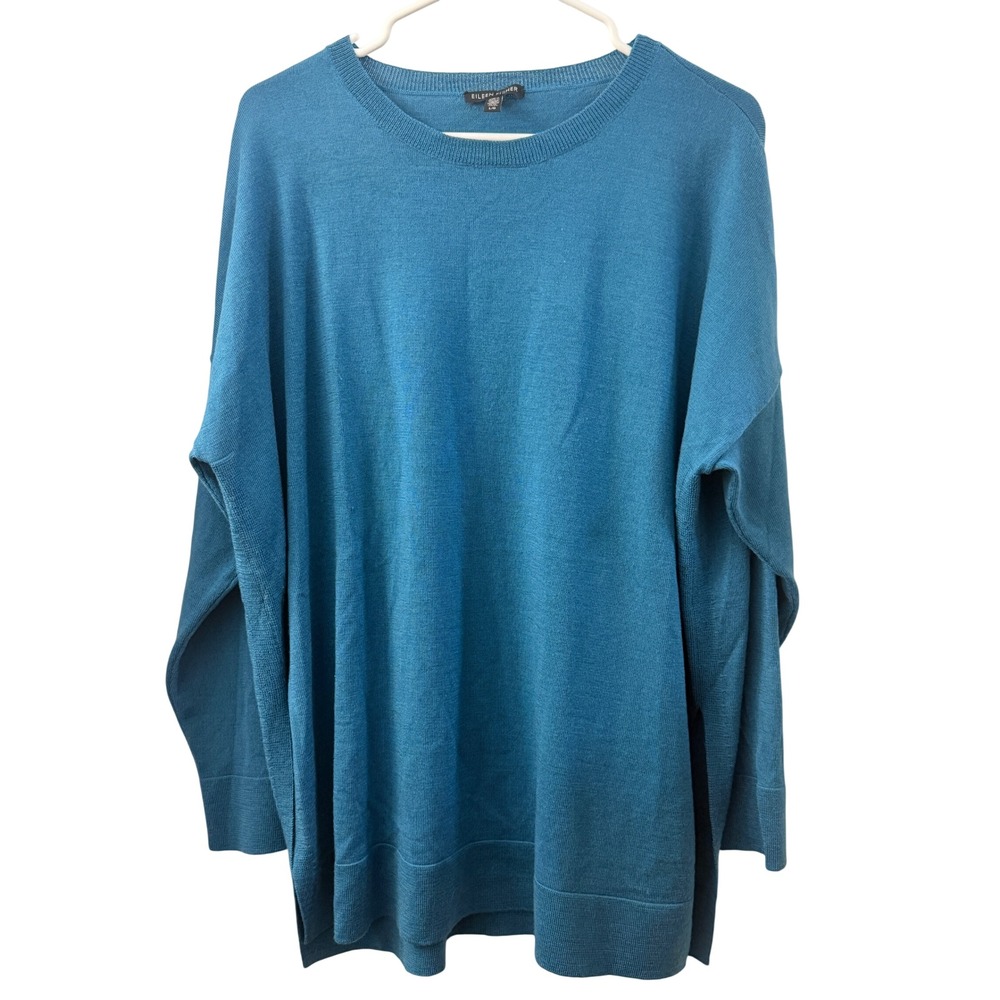 Eileen Fisher Teal Blue Italian Yarn Oversized Tunic Sweater Womens Large L